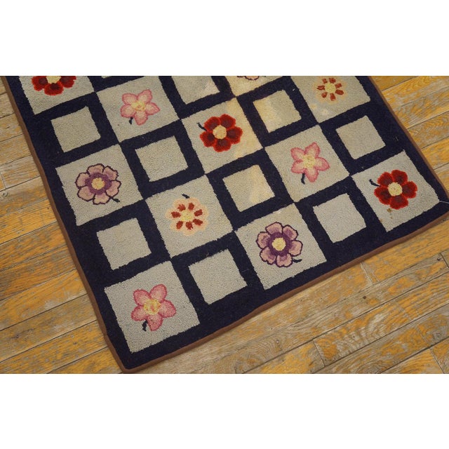 1930s Black Floral Square Folk Art Antique American Hooked Rug 2'8" X 3'8" Handwoven Wool Carpet For Sale In New York - Image 6 of 6