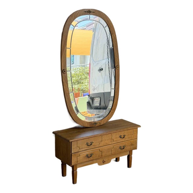 Vintage Danish Oak Entryway Console Table & Oval Mirror Set With Brass Details For Sale