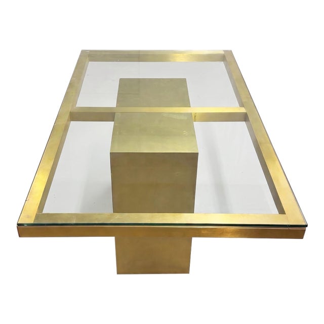 1970s Hollywood Regency Brushed Brass Pedestal Dining Table With Glass Top For Sale