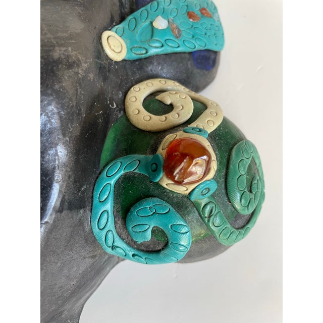 Vintage Mexican Folk Art Ceramic & Stone Embellished Sculptural Wall Mask For Sale - Image 10 of 12