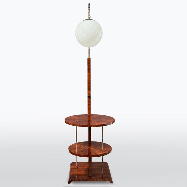 This lamp is made of walnut, chrome tube and opaline glass. The wood construcions is professionall restored - new polish....