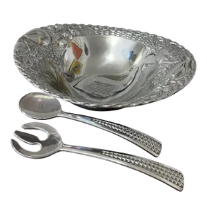 1990s Gorham Silver Alloy Metal Bowl With Serving Utensils- 3 Pieces