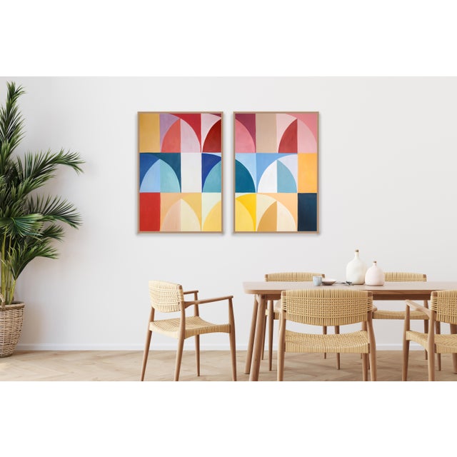 Paper 2029, Modern Bauhaus Patterns of Italian Vintage Parasols, Primary Tones Original Painting Diptych on Paper by Natalia Roman For Sale - Image 7 of 10
