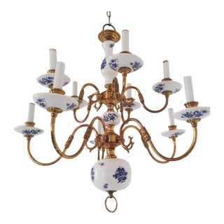 Vintage 1960s Brass and Ceramic Plates Chandelier For Sale