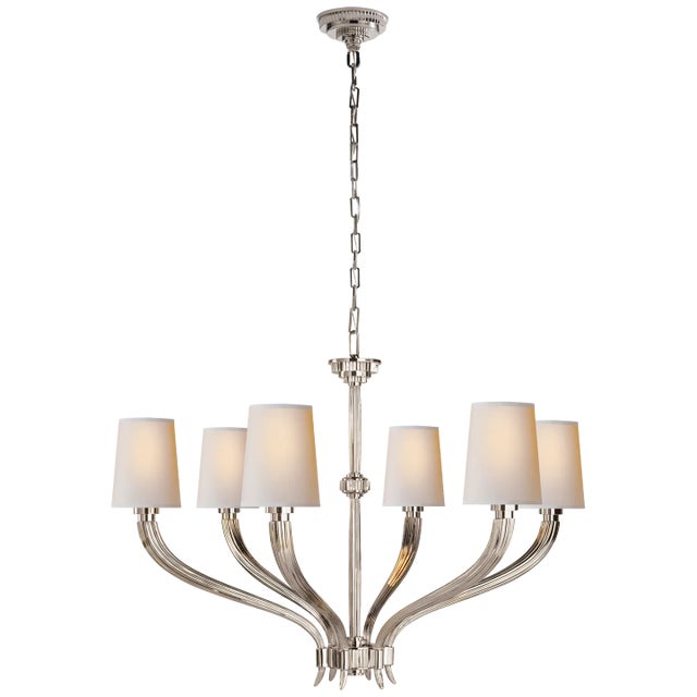 Chapman & Myers for Visual Comfort Signature Ruhlmann Large Chandelier in Polished Nickel with Natural Paper Shades For Sale