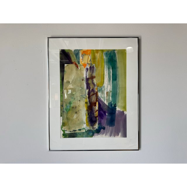 Mid-Century Modern 1982 Vintage Mixed Media Expressionist Abstract Watercolor & Oil Pastel Painting by Yamill For Sale - Image 3 of 12