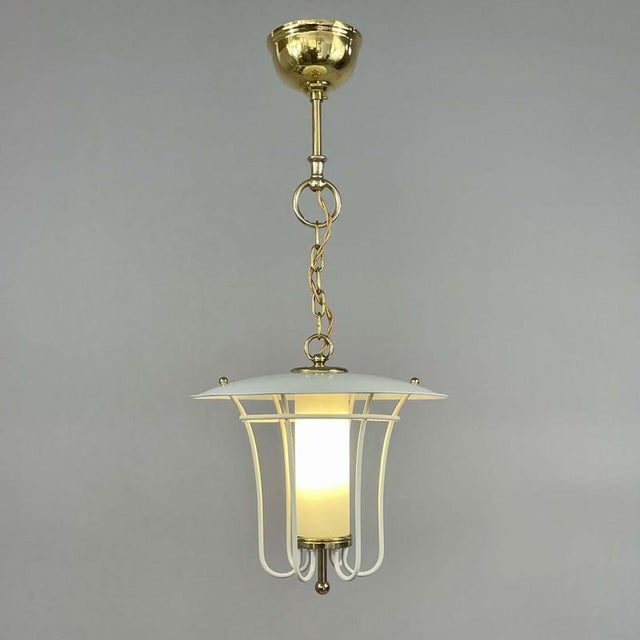 Caged Opaline Glass, Cream and Brass Pendant Lantern, Germany, 1950s For Sale - Image 3 of 17