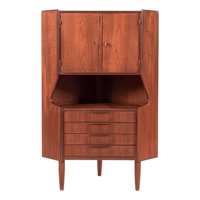 Mid Century Danish Teak Wood Corner Bar Cabinet 1960s For Sale