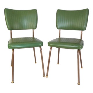 Restored Vintage Cosco Metal Chairs With Dark Sage Green Vinyl Upholstery For Sale