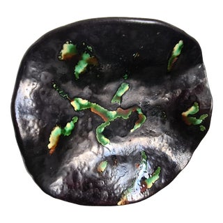 French Studio Pottery Bowl Freeform Lava Glaze Black Green Ceramic Dish Mid-Century French Vintage Art Pottery Accent Piece, 1950 For Sale