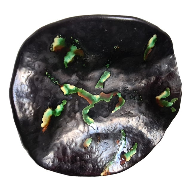 French Studio Pottery Bowl Freeform Lava Glaze Black Green Ceramic Dish Mid-Century French Vintage Art Pottery Accent Piece, 1950 For Sale