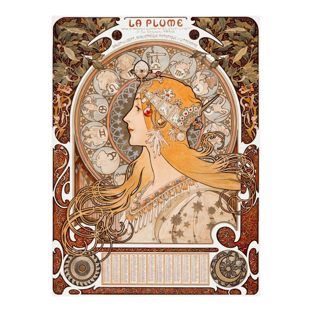 Zodiaque (La Plume) by Alphonse Maria Mucha, Art Nouveau Art Print Reproduction, 18" × 24" For Sale