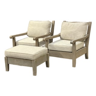 Restoration Hardware Outdoor Leagrave Lounge Chairs + Ottoman, Set of Three For Sale
