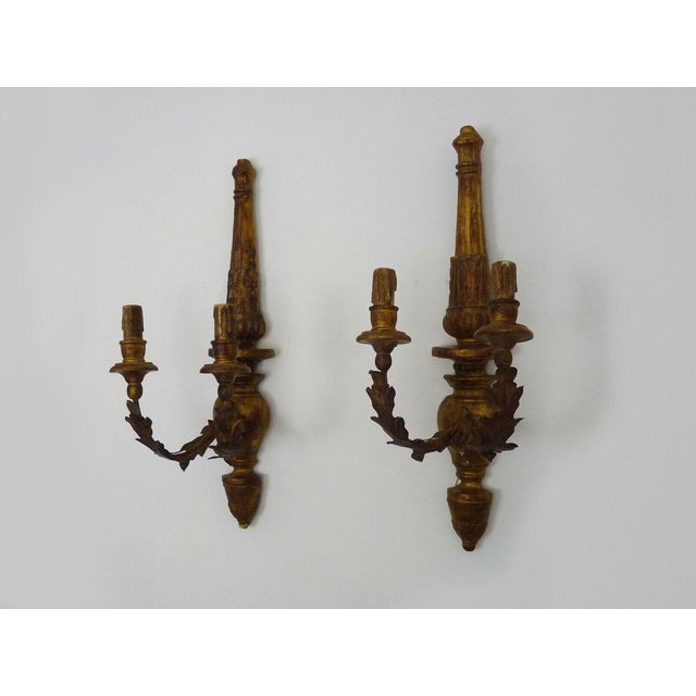 Large Vintage Italian Wall Lights in Gilded Wood and Metal Arms, 1950s, Set of 2 For Sale - Image 3 of 11