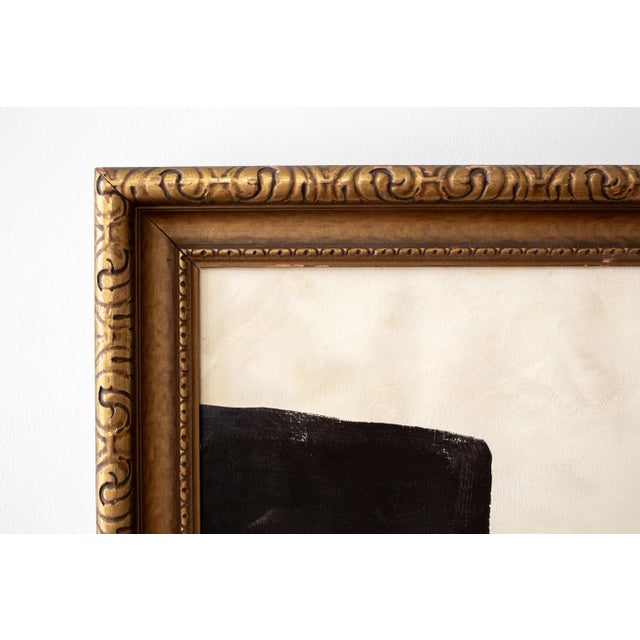 Wood Large Original Abstract Painting in Beige and Black in Antique 19th Century Gold Frame For Sale - Image 7 of 11