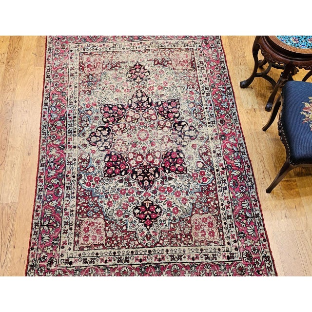 Persian 19th Century Persian Kerman Lavar Rug, Hand-Knotted Wool, Floral Patter, Red & Ivory, 5x7 For Sale - Image 3 of 18