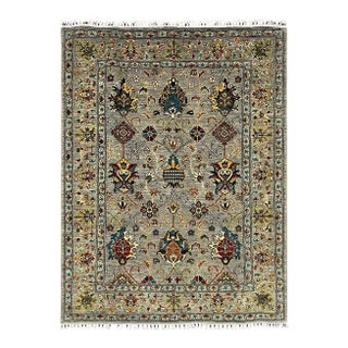 Sultani Pomegranate Floral Wool Rug in Gray, Teal and Burgundy, 5' X 6'9" For Sale