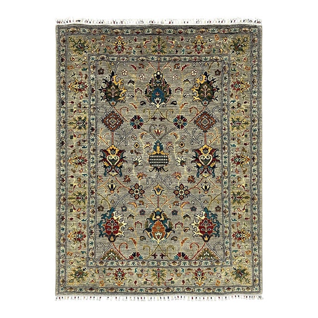 Sultani Pomegranate Floral Wool Rug in Gray, Teal and Burgundy, 5' X 6'9" For Sale