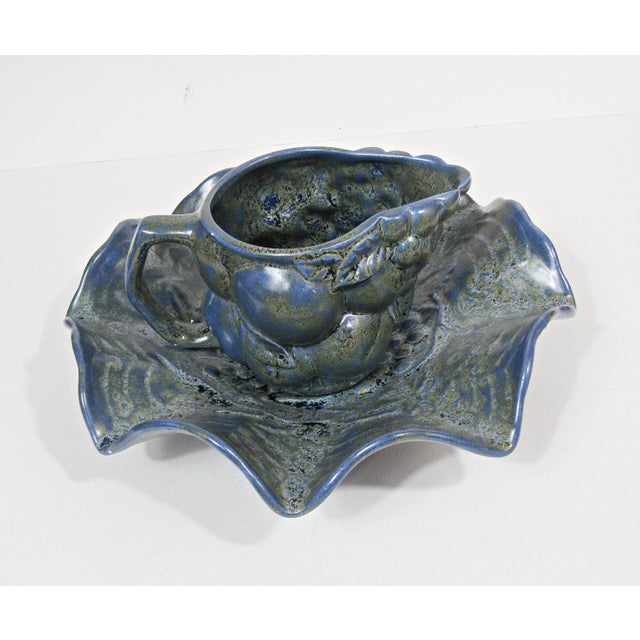 Rustic European Vintage Blue Glazed Ceramic Creamer and Leaf Dish Set For Sale - Image 3 of 11