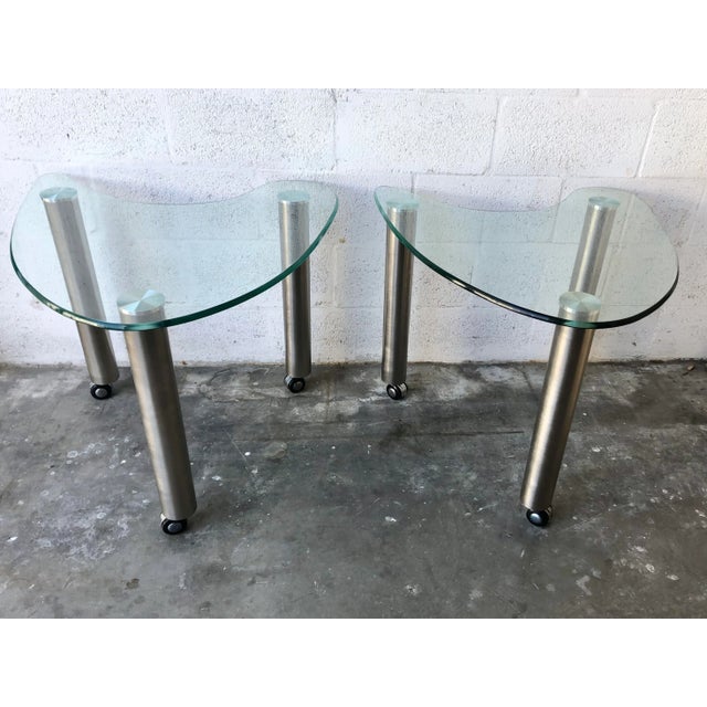 Late 20th Century Kidney Shape Glass Side Tables With Casters (A Pair) For Sale - Image 13 of 13