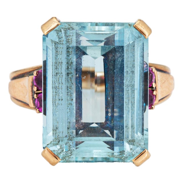14ct Aquamarine Ring Icy Blue Vintage Mid Century 14k Gold Emerald Cut Ruby, Size 6.5 For Sale