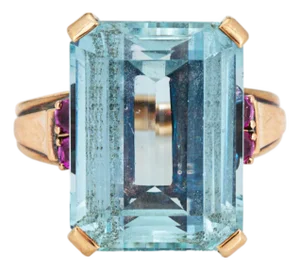 14ct Aquamarine Ring Icy Blue Vintage Mid Century 14k Gold Emerald Cut Ruby, Size 6.5