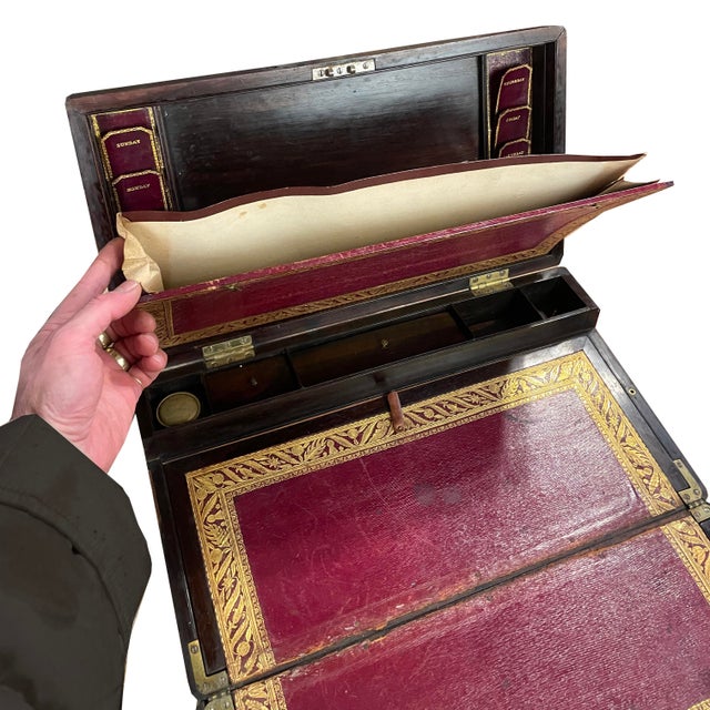 Brown Early to Mid-1800s English Rosewood “Slope Box” Aka Campaign Desk For Sale - Image 8 of 17