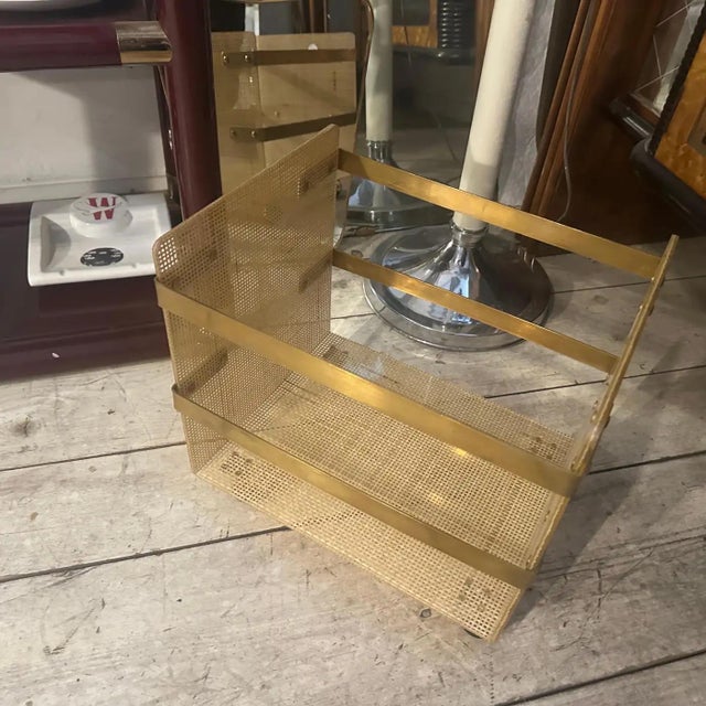 1980s Dior Home Style Mid-Century Modern Brass and Wicker Magazine Stand For Sale - Image 9 of 18