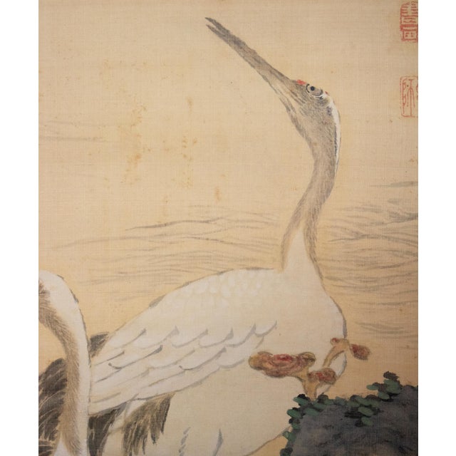 Meiji Era "Cranes and the Sun", Japanese Silk Scroll Painting For Sale In Dallas - Image 6 of 18