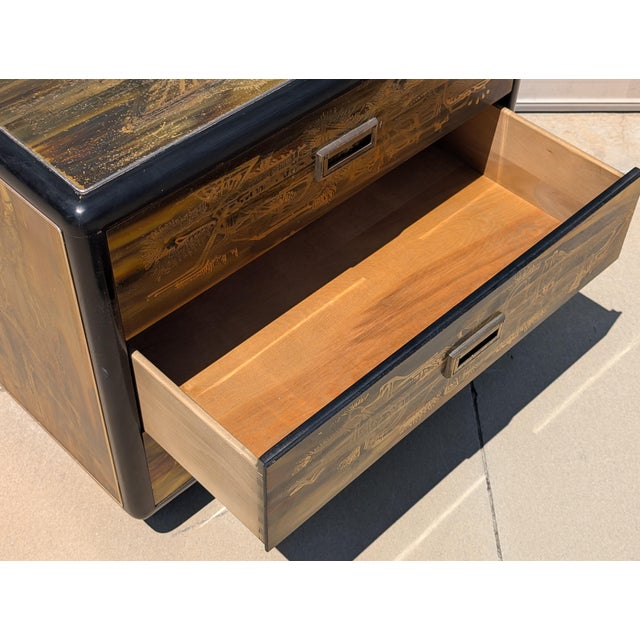 1970s Acid-Etched Brass & Ebony Lacquer Chest by Bernhard Rohne for Mastercraft For Sale - Image 9 of 12