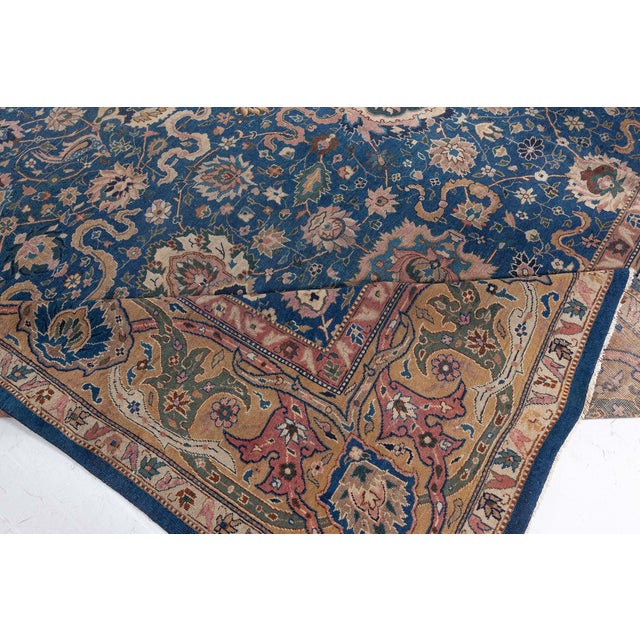 Textile Antique Indian Navy Blue and Beige Handmade Wool Carpet For Sale - Image 7 of 9