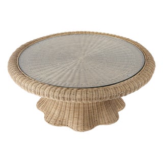 Flora 40 in. W Round Rattan Scalloped Edge Coffee Table, Natural Rattan For Sale