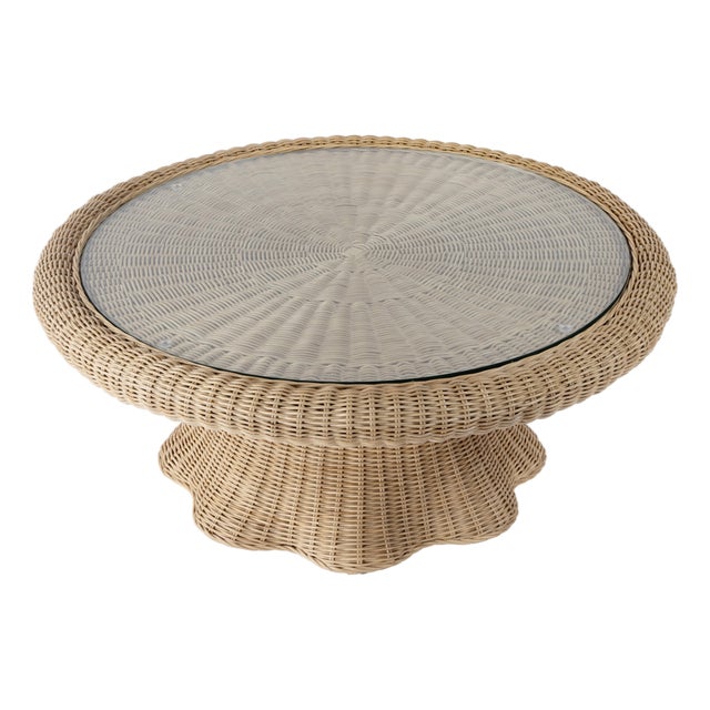 Flora 40 in. W Round Rattan Scalloped Edge Coffee Table, Natural Rattan For Sale