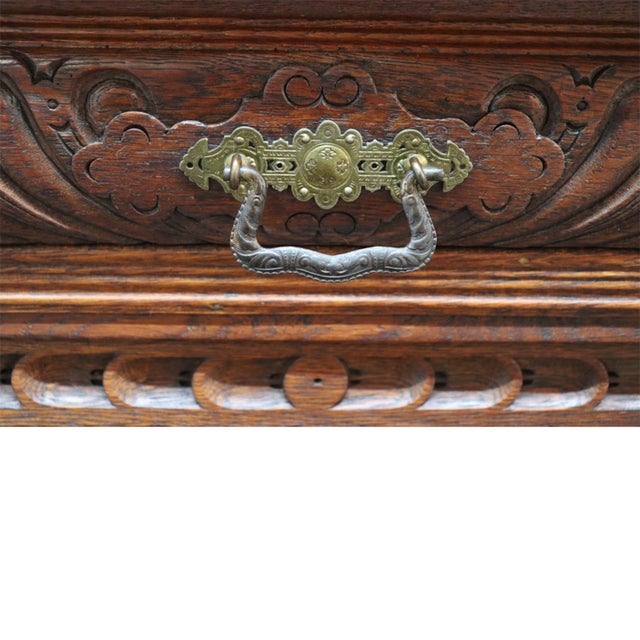 English Jacobean Carved Oak Sideboard With Ornate Stained Glass C1900 For Sale - Image 10 of 16