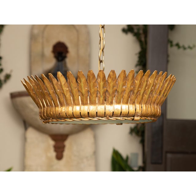 Vintage Spanish Gilt Metal Crown Chandelier with Frosted Glass and Leaf Motifs For Sale - Image 9 of 12