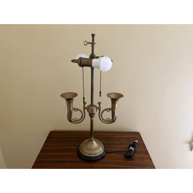 Mid 20th Century English Country Brass Horn Bouillotte Lamp With Black Tole Shade For Sale - Image 13 of 13