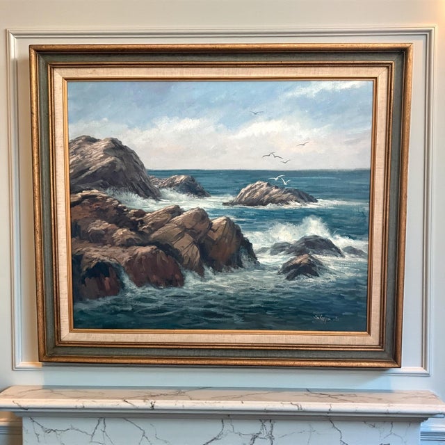 Blue Vintage Framed Seascape Painting Oil on Canvas by Michael Stoffa, 29" X 24" For Sale - Image 8 of 11