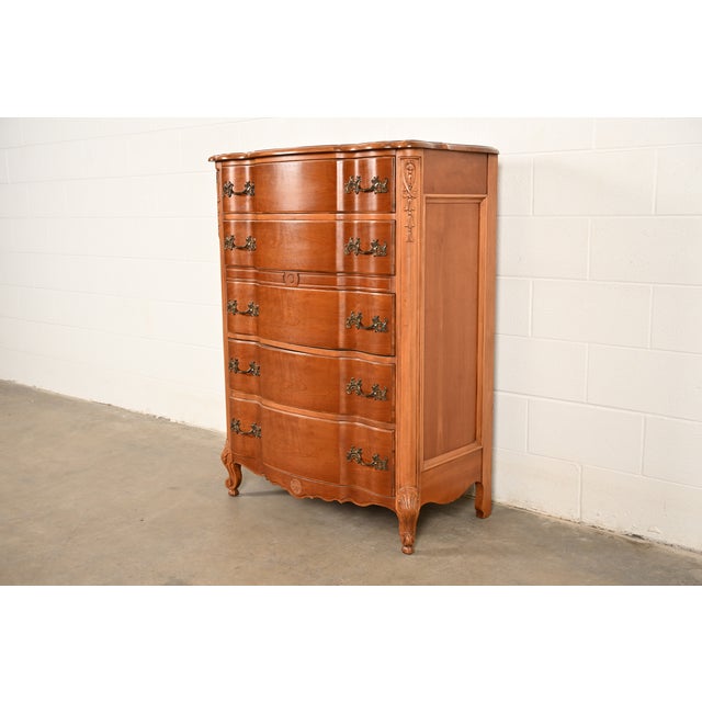 French Provincial Kent Coffey French Provincial Louis XV Carved Cherry Wood Highboy Dresser, Circa 1960s For Sale - Image 3 of 16
