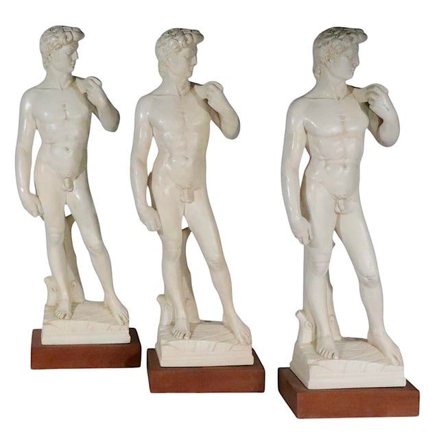 Chic set of three David replica sculptures, in cast plaster on wood bases. Made by sculptor Sergey Eylanbekov, for Alva....