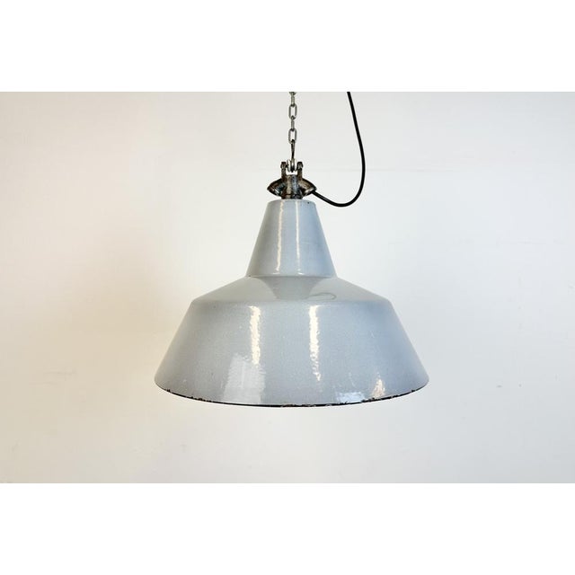 Paint Industrial Grey Enamel Factory Pendant Lamp, 1960s For Sale - Image 7 of 18