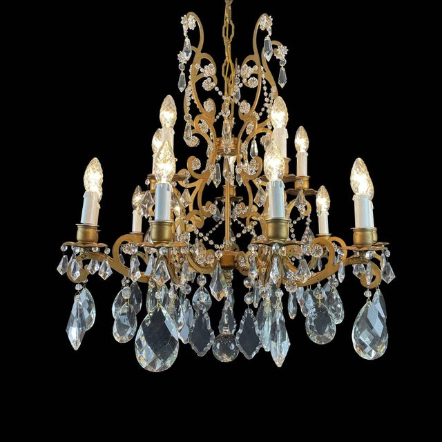 Gilded Iron and Crystal Chandelier For Sale - Image 3 of 12