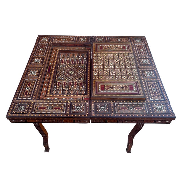 Copper Early 20th Century Marquetry Inlay With Mother of Pearl Folding Game Table For Sale - Image 8 of 18