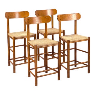 Vintage 1960s Set of 4 Danish Oak & Woven Paper Cord Rush Seat Counter Height Stools Børge Mogensen Style For Sale