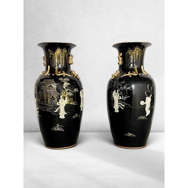 Pair of Monumental Chinoiserie Black & Gilt Figural Floor Vases, 36” For Sale - Image 4 of 8