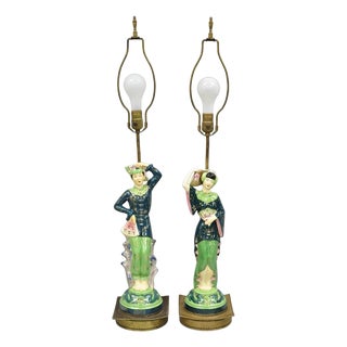 Vintage Art Deco Japanese Figural Green Porcelain Man & Women Table Lamps - Pair For Sale