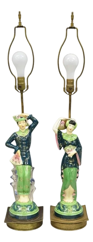 Vintage Art Deco Japanese Figural Green Porcelain Man & Women Table Lamps - Pair
