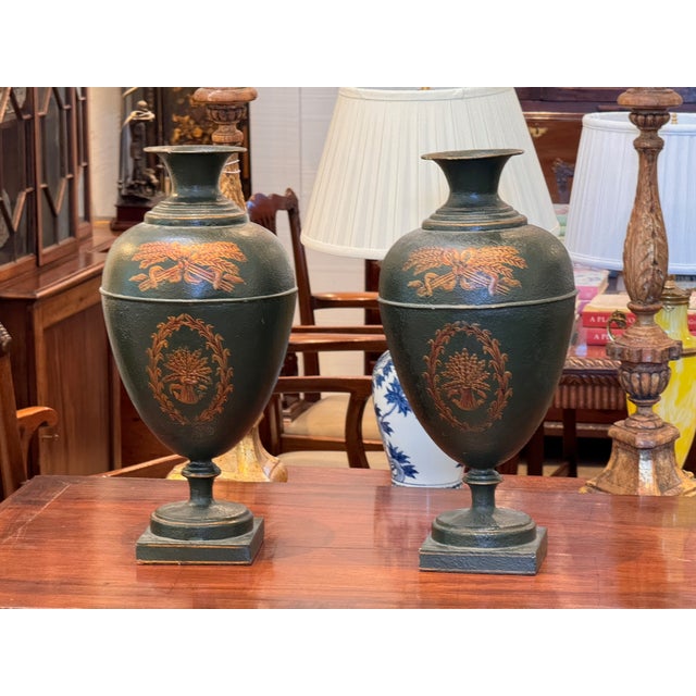 Pair of Neoclassical Tole Urns For Sale - Image 4 of 11