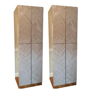 Ello Travertine Marble & Brass Bar Cabinets - A Pair For Sale