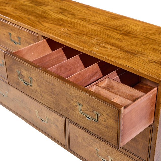 Wood Mid 20th Century Henredon Campaign Mid Century Oak and Brass Lowboy Dresser For Sale - Image 7 of 11