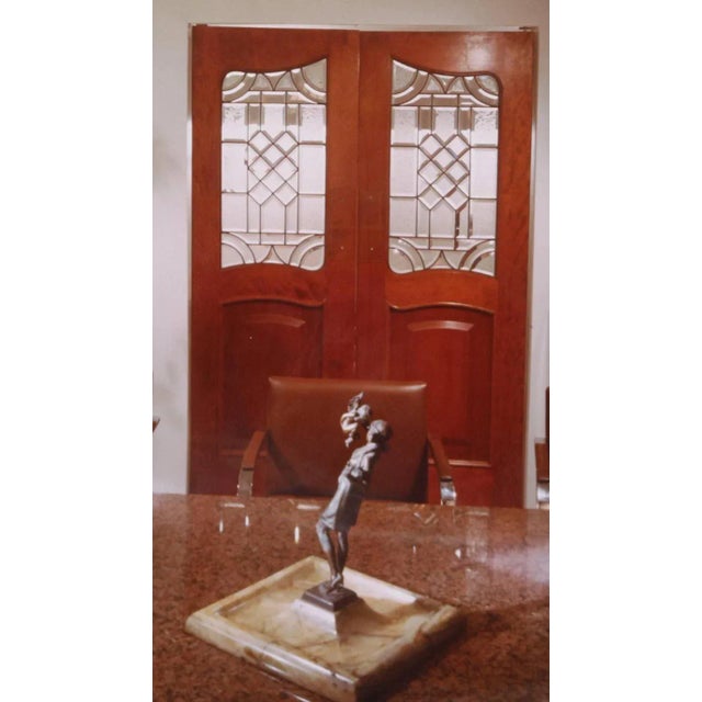 Neoclassical Neoclassical Pair of Mahogany Raised Panel Leaded Glass Doors-Pivot Hinge Swinging Both Ways For Sale - Image 3 of 6